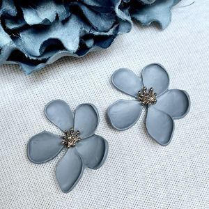 Metal Pierced Flower Blossom Earrings Painted a Milky Blue Gray Gold Ton…